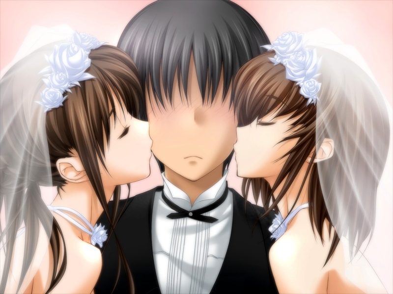 1boy, 2girls, blush, bridal_veil, bride, brown_hair, kissing_cheek, choker, double_cheek_kiss, dress, closed_eyes, faceless, faceless_male, girl_sandwich, hetero, hizuki_ayumi, hizuki_suzune, kiss, long_hair, multiple_girls, polygamy, ringetsu, sandwiched, short_hair, siblings, sisters, take_your_pick, veil, wedding, wedding_dress