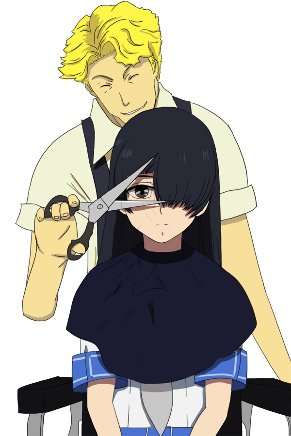 1boy, 1girl, artist_request, baccano!, black_hair, blonde_hair, closed_eyes, crossover