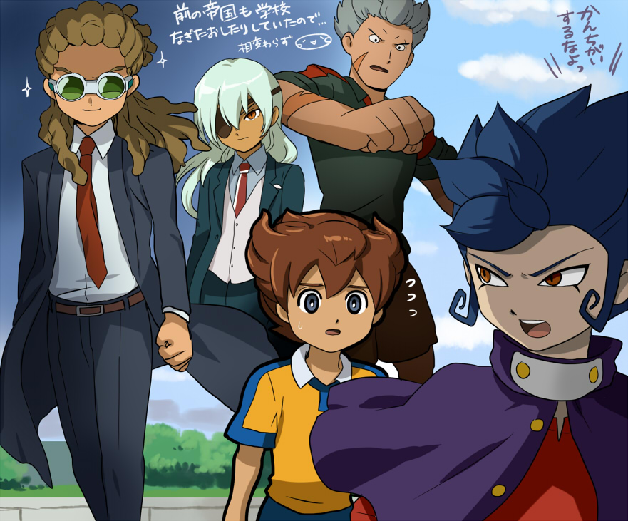 5boys, aqua_hair, blue_hair, brown_hair, cloud, day, eyepatch, formal_clothes