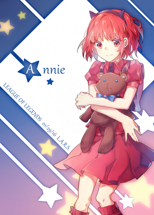 1girl, annie_(league_of_legends), bag, colored_eyelashes, fanziju, female_focus, hugging_object, kanko_funo, league_of_legends, red_eyes, red_hair, ribbon, school_bag, solo, stuffed_animal, stuffed_toy, teddy_bear, tibbers