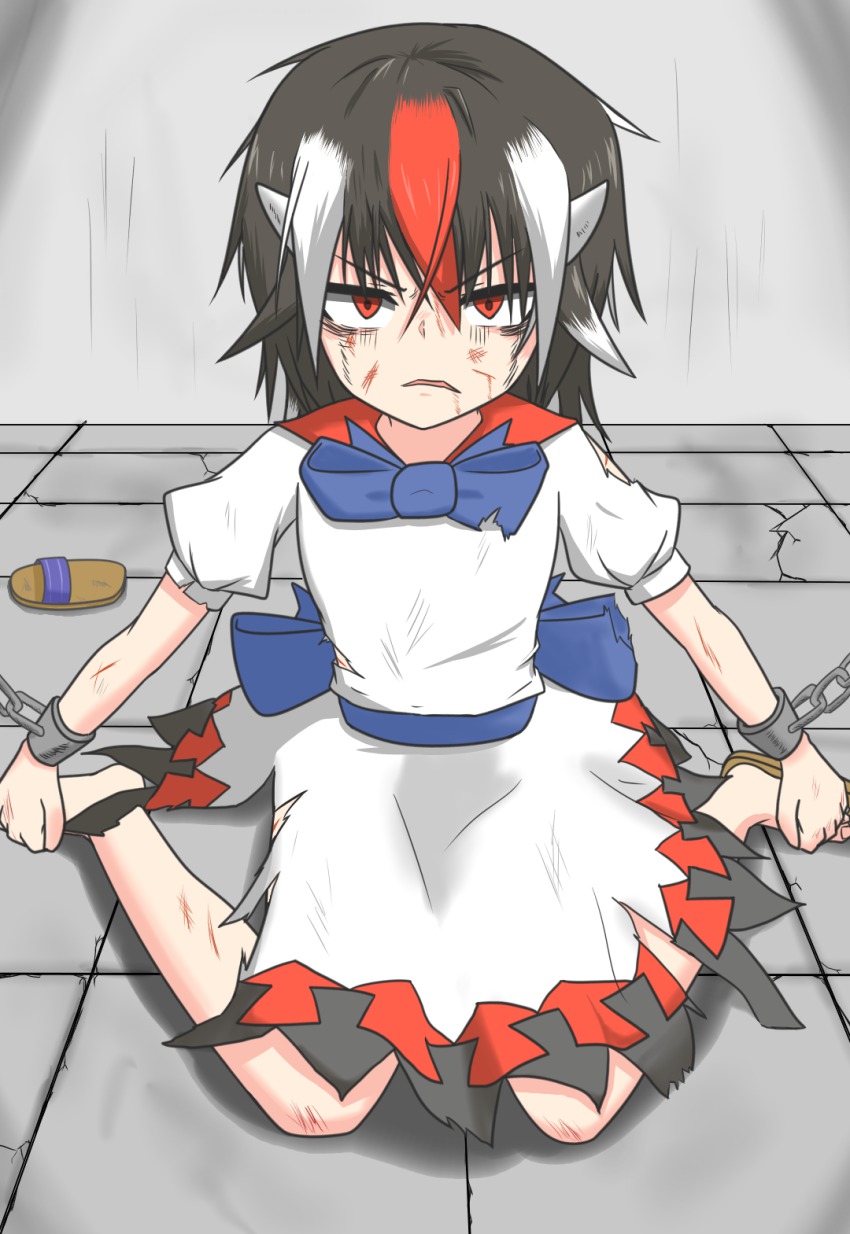 1girl, black_hair, bruise, chain, cuffs, dress, female_focus, grey_horns