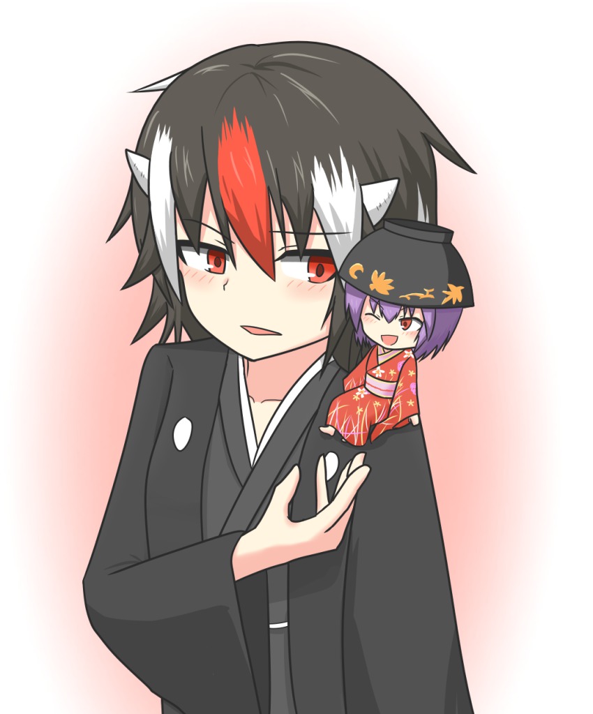 2girls, alternate_costume, black_hair, cone_horns, highres, horns, japanese_clothes, kijin_seija