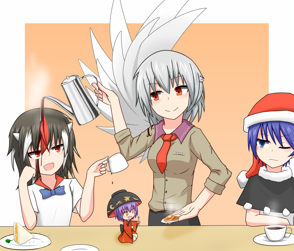 4girls, :d, ;), adapted_costume, black_hair, blue_eyes, blue_hair, bowl