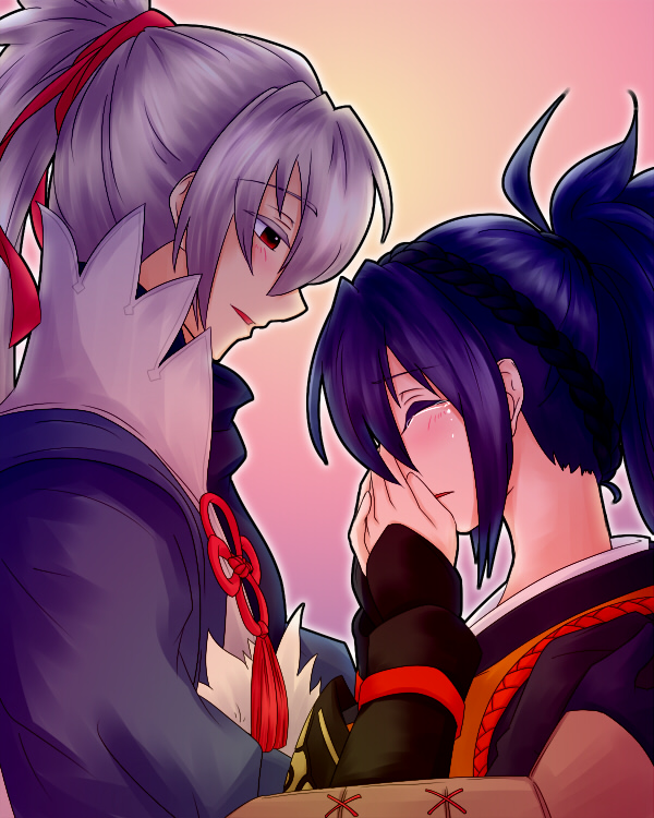 1boy, 1girl, blue_hair, couple, crying, fire_emblem, fire_emblem_fates, grey_hair, lore, nintendo, oboro_(fire_emblem), ponytail, takumi_(fire_emblem), tears