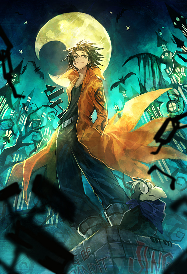 1boy, 369minmin, bat_(animal), black_hair, blurry, building, character_name, copyright_name