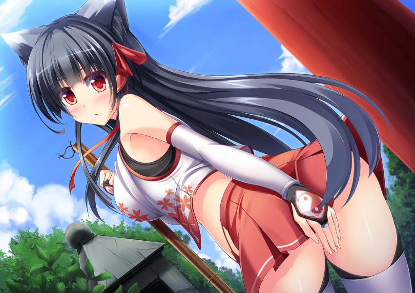 1girl, animal_ears, bamboo_broom, bare_shoulders, bent_over, black_hair, blue_sky, breasts
