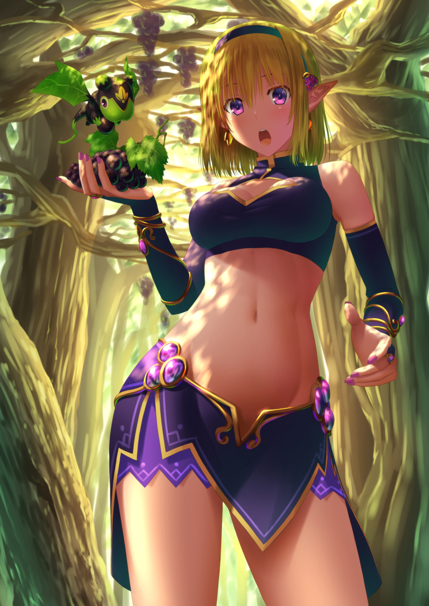 1girl, blonde_hair, breasts, bridal_gauntlets, cleavage_cutout, clothing_cutout, cowboy_shot, creature