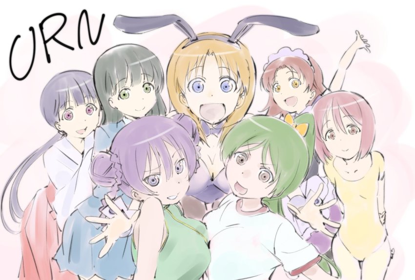 10s, 6+girls, :d, breasts, bunny_(koukaku_no_pandora), china_dress, chinese_clothes, cleavage, dress, gym_uniform, japanese_clothes, koukaku_no_pandora, maid, medium_breasts, miko, multiple_girls, open_mouth, playboy_bunny, school_uniform, small_breasts, smile