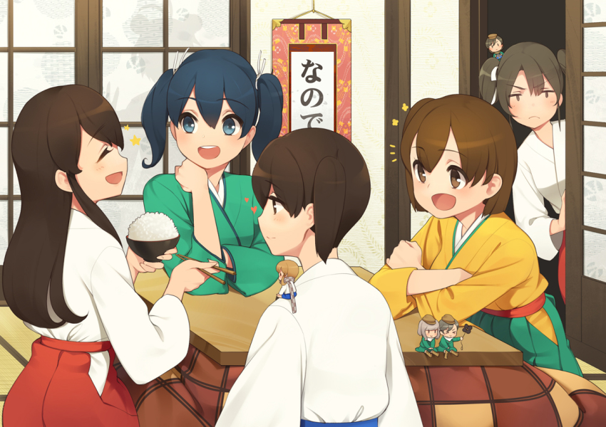 10s, 5girls, akagi_(kancolle), black_hair, blue_eyes, blue_hair, brown_eyes, brown_hair