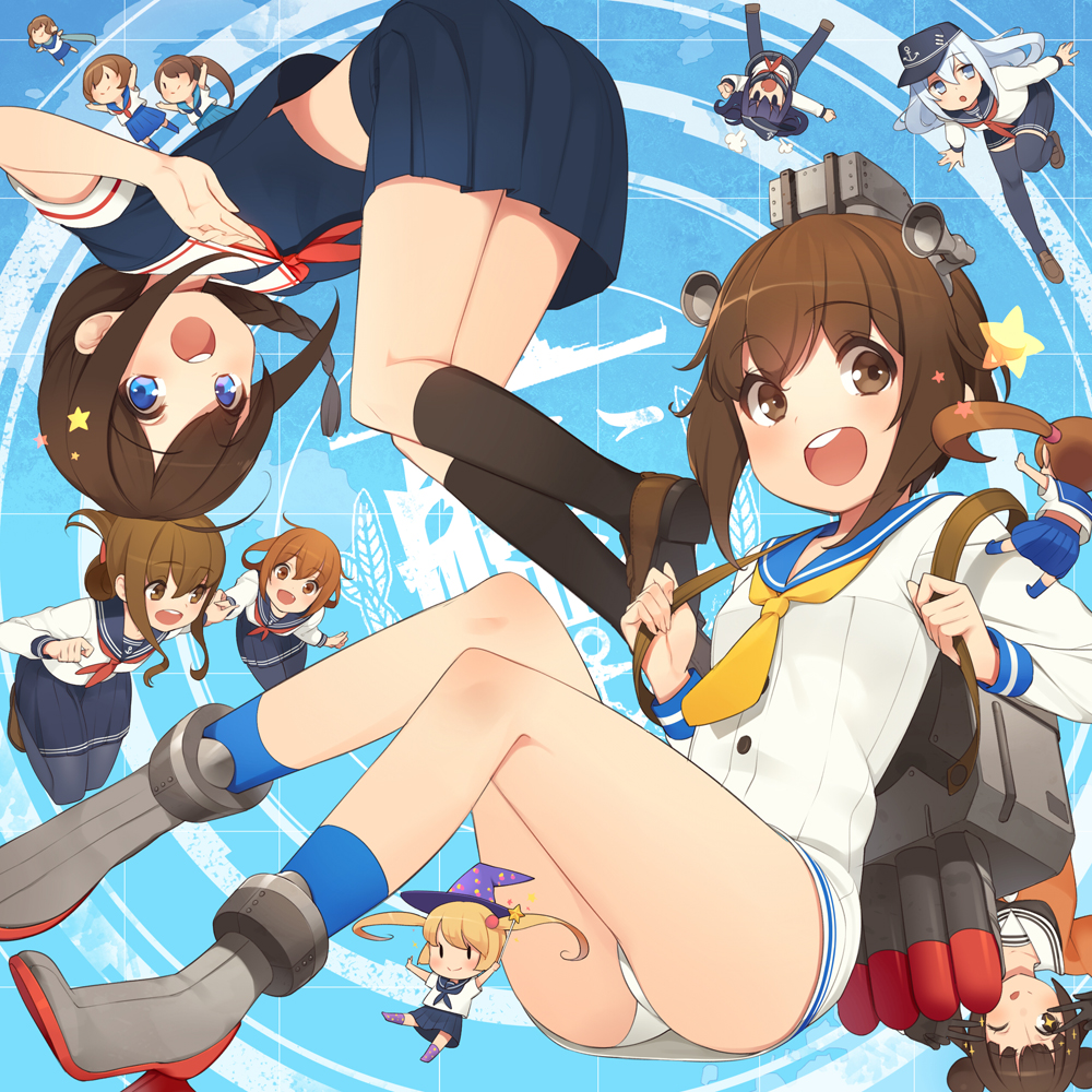 10s, 12.7cm_twin_gun_mount, 6+girls, 61cm_quintuple_(oxygen)_torpedo_mount, akatsuki_(kancolle), bad_id, bad_pixiv_id, black_hair