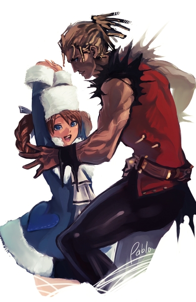 anastasia_(shadow_hearts), blonde_hair, brown_hair, dress, hair_ribbon, hat, joachim_valentine, pablo_uchida, ribbon, shadow_hearts, shadow_hearts_ii, smile