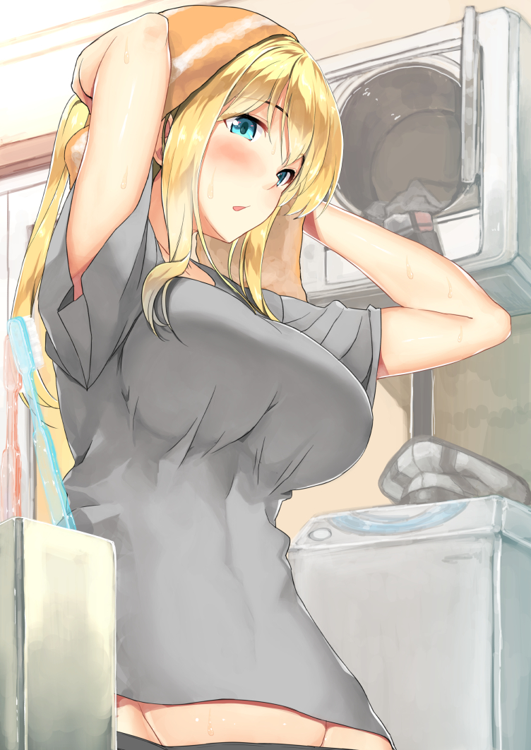 10s, 1girl, :o, armpit_peek, arms_up, b-ginga, bismarck_(kancolle), blonde_hair