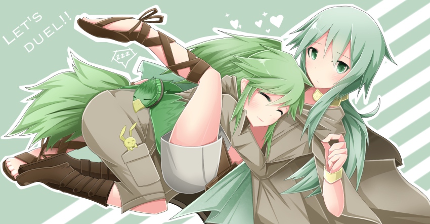 2girls, bird, blush, boots, caam_serenity_of_gusto, collar, duel_monster, closed_eyes