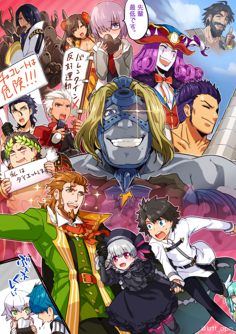 10s, 4girls, 6+boys, :o, archer_(fate), black_dress, blonde_hair, blush