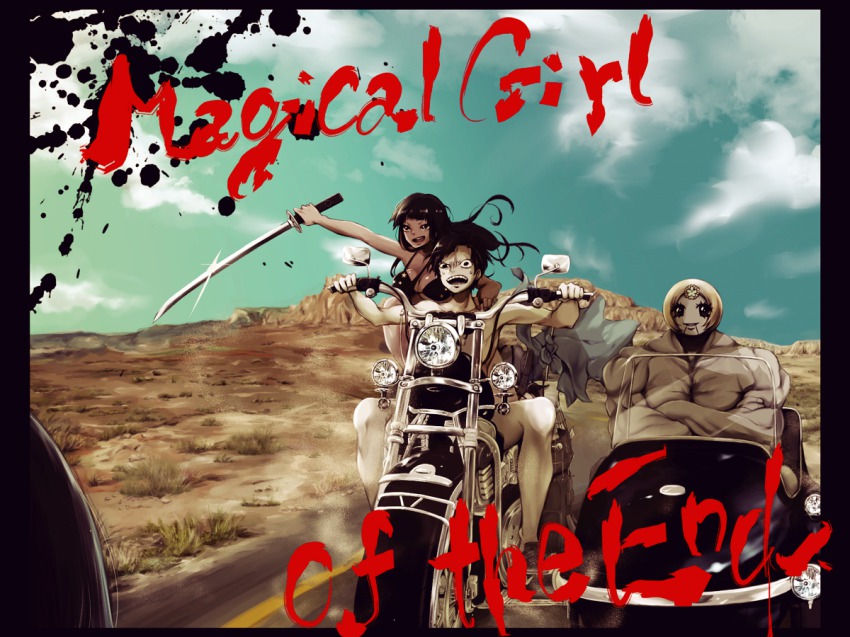 1boy, 2girls, abs, anai_miu, artist_request, black_hair, blonde_hair, bra