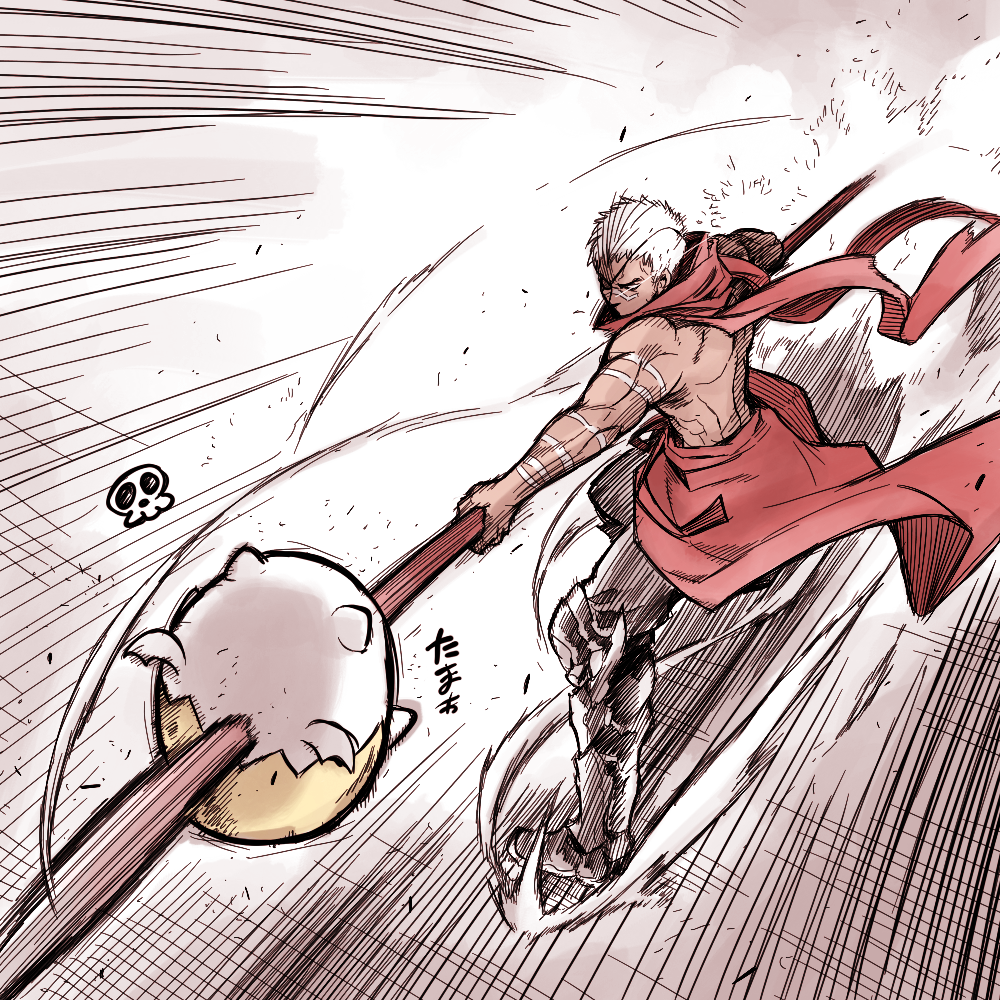 1boy, armor, armored_boots, boots, eyepatch, facial_tattoo, impaled, kato_takuji