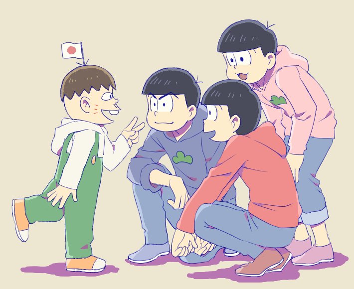 10s, 4boys, bent_over, black_hair, bowl_cut, brothers, brown_hair, buck_teeth