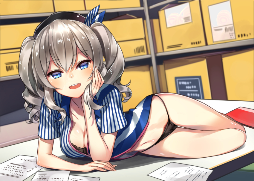 10s, 1girl, arm_support, beret, black_bra, black_panties, blue_eyes, box, bra, breasts, cardboard_box, cleavage, clerk, employee_uniform, female_focus, hat, head_rest, kantai_collection, kashima_(kancolle), kashima_(lawson)_(kancolle), large_breasts, lawson, looking_at_viewer, moriki, no_pants, open_clothes, open_mouth, open_shirt, panties, paper, shirt, short_sleeves, silver_hair, smile, solo, striped_clothes, striped_shirt, teeth, tsurime, twintails, underwear, wavy_hair