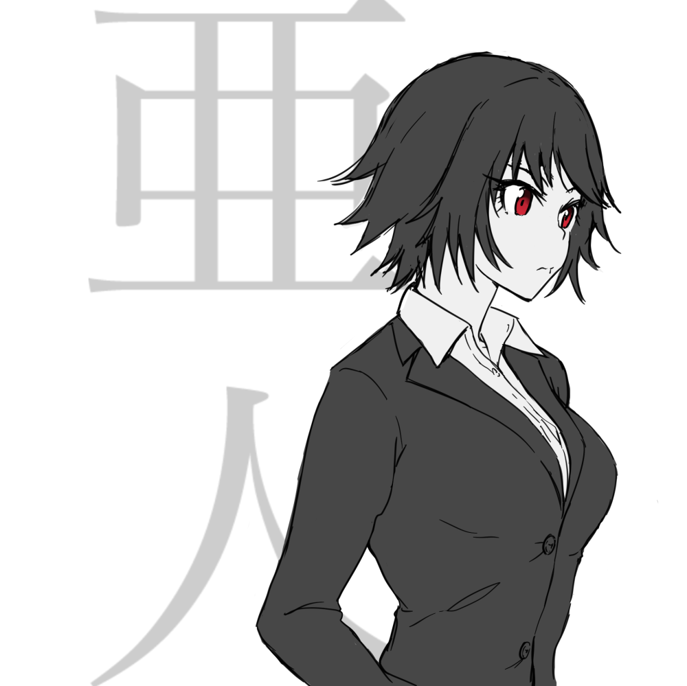 10s, 1girl, ajin, ajin_(sakurai_gamon), aquarius_(sworddavid), black_hair, eikyu, female_focus, formal_clothes, greyscale, mole, mole_under_eye, monochrome, red_eyes, shimomura_izumi, simple_background, solo, suit