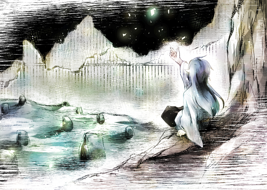 1boy, azudra_(helck), helck, image_sample, neon_(cielfleur), outdoors, pixiv_sample, sky, solo, tombstone