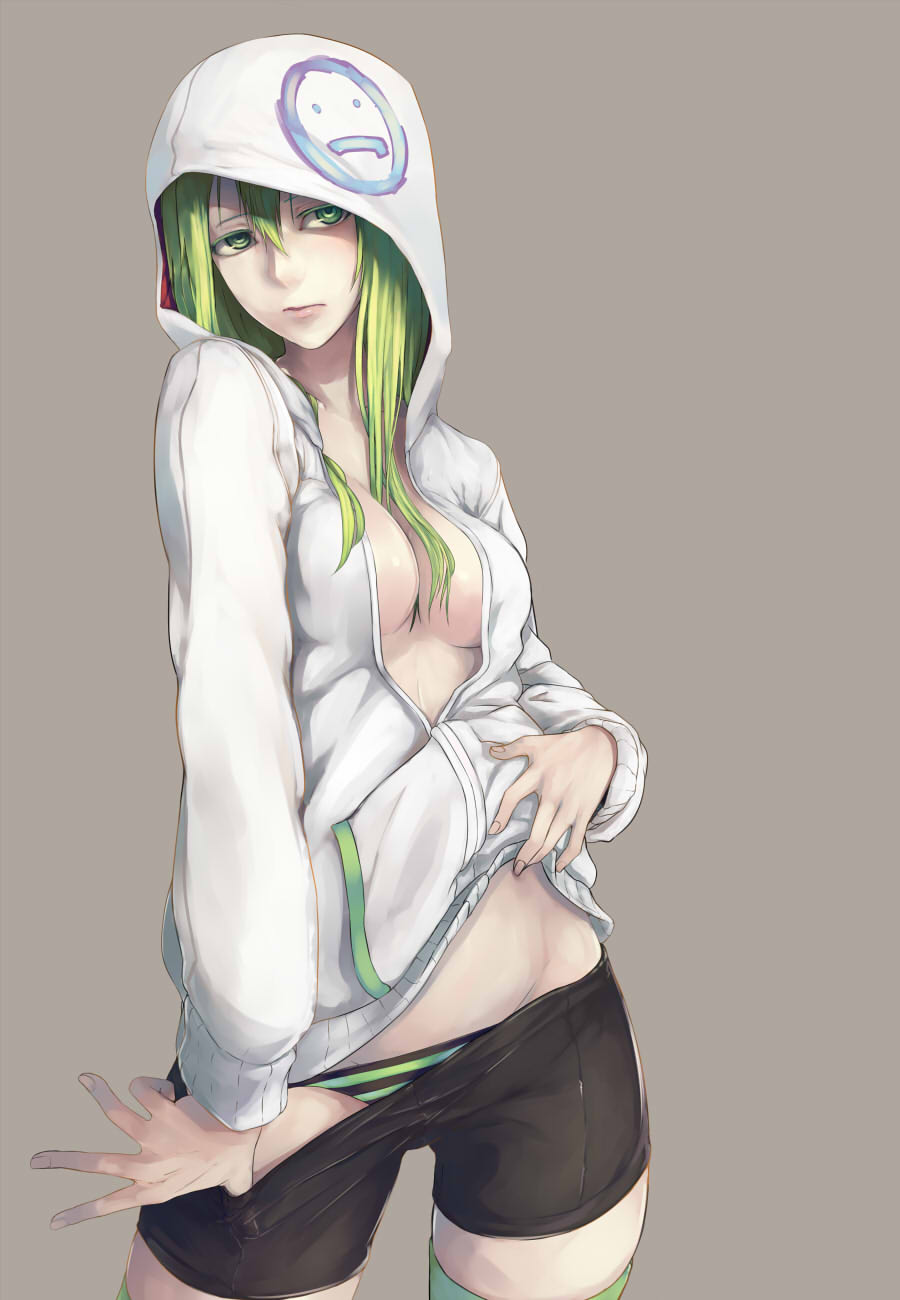 1girl, bike_shorts, black_panties, breasts, clothes_pull, female_focus, green_eyes, green_hair