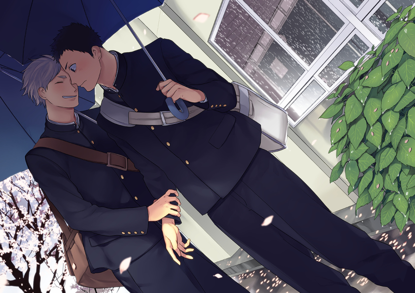 10s, 2boys, bag, black_hair, blush, building, buttons, closed_eyes