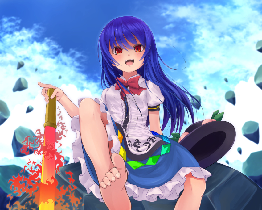 1girl, bad_id, bad_pixiv_id, barefoot, blue_hair, dress, feet, female_focus