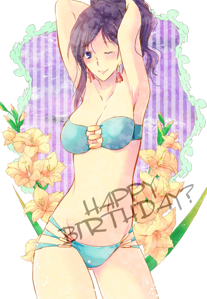 1girl, ;), ?, armpits, bikini, black_hair, blue_eyes, blush, breasts, center_opening, cleavage, earrings, female_focus, fire_emblem, flower, happy_birthday, jewelry, leaf, mole, mole_under_eye, multi-strapped_bikini_bottom, navel, nintendo, one_eye_closed, ponytail, shimazaki_maiko, shirayuki_shion, simple_background, smile, solo, strapless, strapless_bikini, swimsuit, tokyo_mirage_sessions_fe, white_background