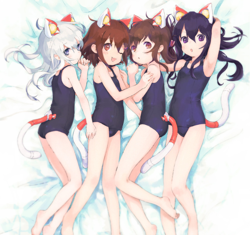 10s, 4girls, akatsuki_(kancolle), animal_ears, barefoot, black_hair, blue_eyes, brown_eyes, brown_hair, from_side, hibiki_(kancolle), ikazuchi_(kancolle), inazuma_(kancolle), kantai_collection, long_hair, machico_maki, multiple_girls, old_school_swimsuit, one-piece_swimsuit, one_eye_closed, school_swimsuit, silver_hair, smile, swimsuit, tail