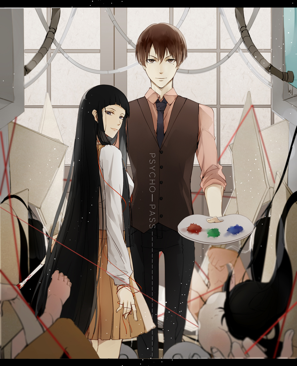 10s, 1boy, 1girl, black_eyes, brown_eyes, brown_hair, canvas_(object), character_request, copyright_name, corpse, ecrsin, highres, indoors, limbs, long_hair, looking_at_viewer, necktie, oryou_rikako, paint_palette, psycho-pass, school_uniform, severed_limb, standing, string, string_of_fate, very_long_hair