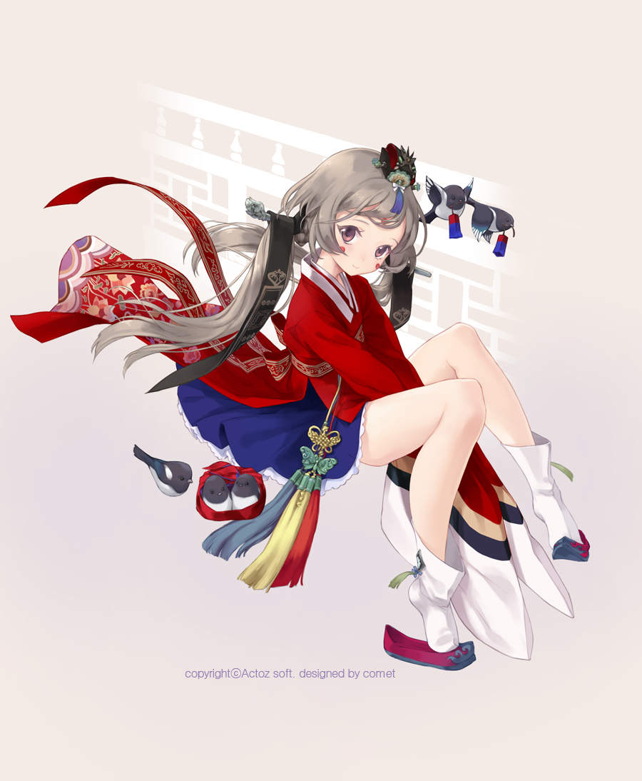 1girl, beoseon, bird, blush_stickers, braid, brown_eyes, brown_hair, comet_(teamon)