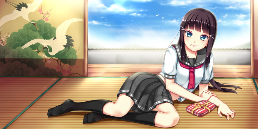 10s, 1girl, arm_support, bird, black_hair, black_skirt, black_socks, blue_sky