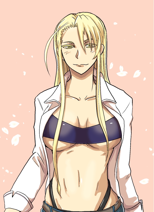 10s, 1girl, aged_up, bad_id, bad_pixiv_id, blonde_hair, breasts, denim