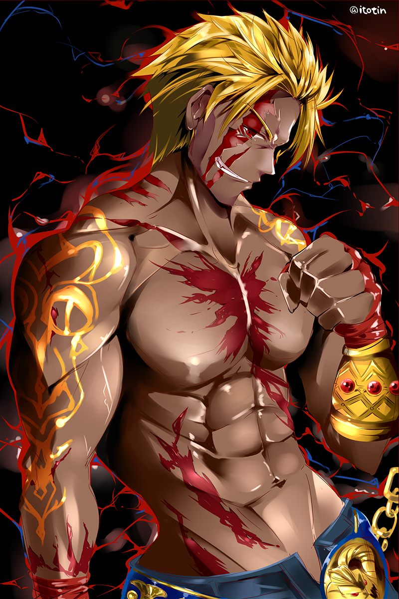 1boy, aura, beowulf_(fate), beowulf_(third_ascension)_(fate), blonde_hair, clenched_hand, dark-skinned_male, dark_skin
