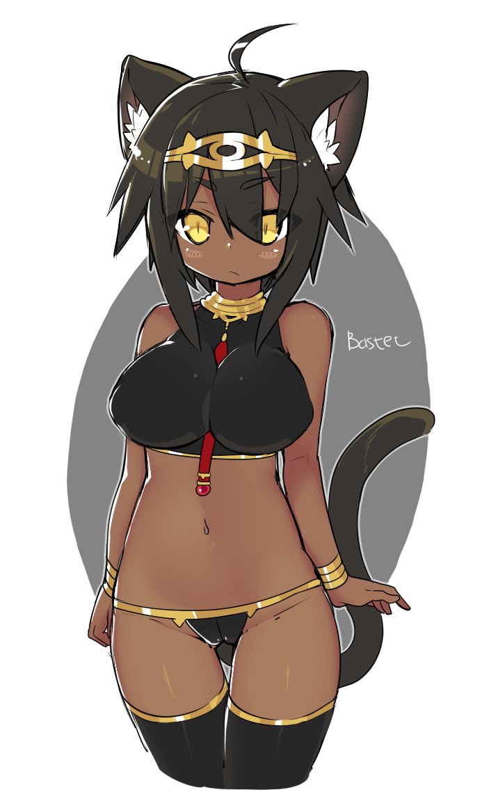 1girl, ahoge, ancient_egyptian, animal_ear_fluff, animal_ears, bare_shoulders, bastet_(mythology), black_hair