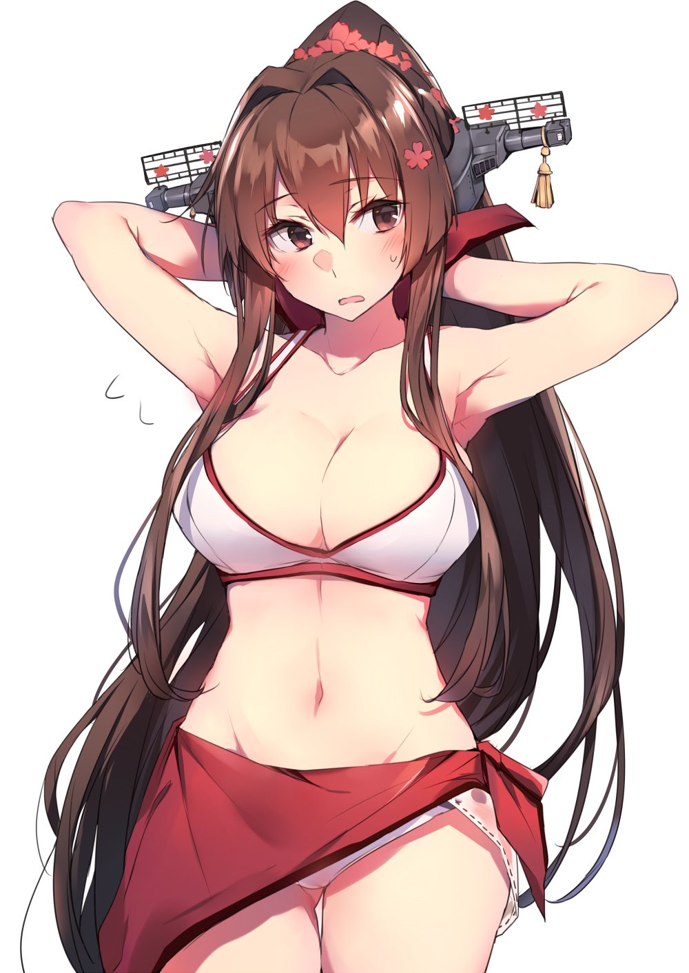 10s, 1girl, armpits, arms_behind_head, bikini, blush, breasts, brown_hair