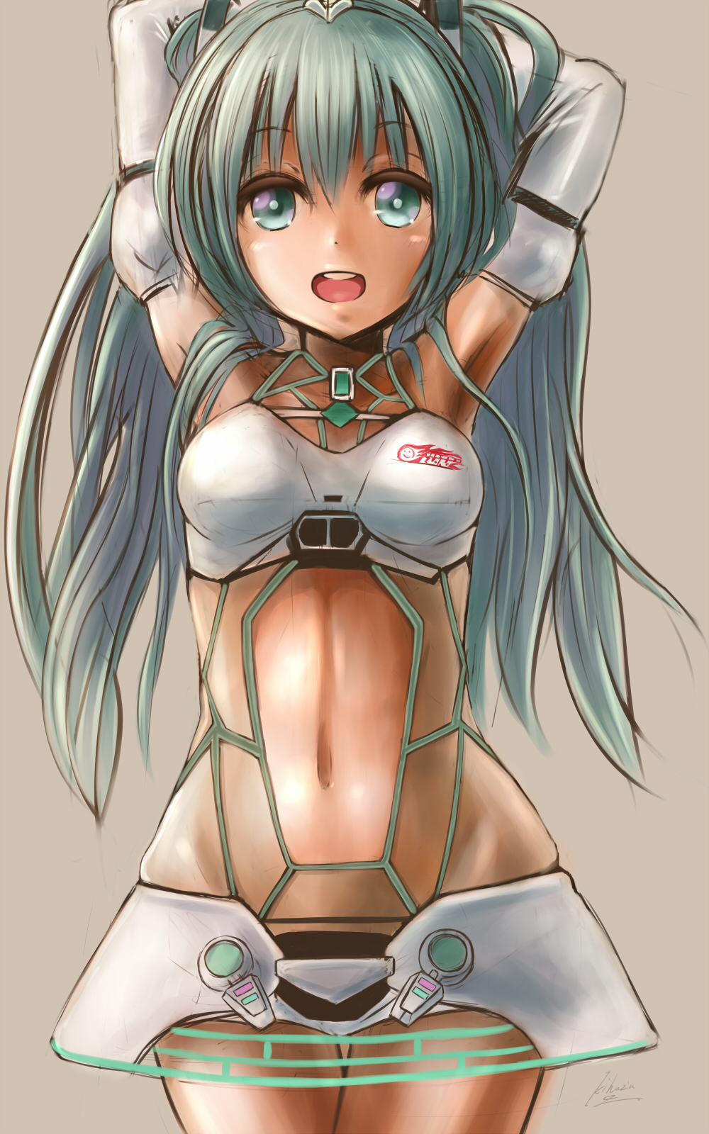 1girl, abs, aqua_eyes, aqua_hair, cowboy_shot, elbow_gloves, female_focus, gloves