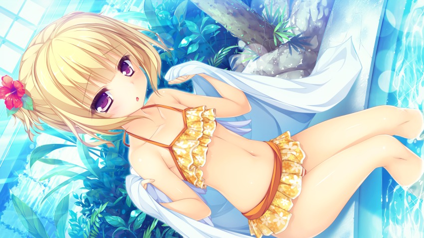 1girl, artist_request, bikini, bikini_skirt, blonde_hair, blush, collarbone, female_focus, flat_chest, flower, frilled_bikini, frills, game_cg, hair_flower, hair_ornament, hibiscus, highres, lens_flare, looking_at_viewer, navel, open_mouth, parfil, plant, pool, purple_eyes, short_hair, sitting, solo, striped_bikini, striped_clothes, swimsuit, topknot, towel, water, whirlpool_(studio), world_election, worried, yellow_bikini