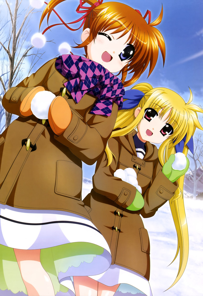 00s, 2girls, :d, ;d, absurdres, argyle_clothes, argyle_scarf, blonde_hair