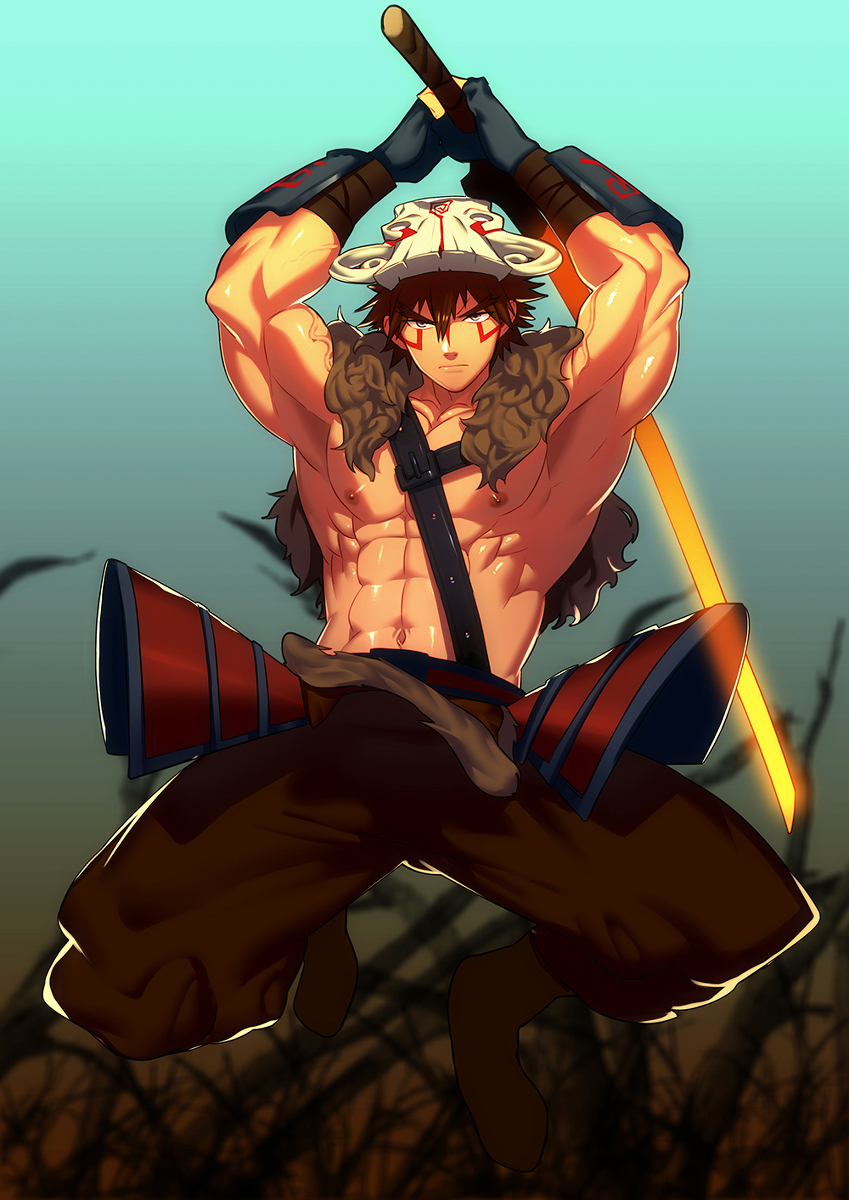 1boy, armpits, bara, dota_(series), dota_2, facepaint, highres, juggernaut_(dota), looking_at_viewer, lvlv, male_focus, mask, mask_on_head, muscular, muscular_male, pectorals, solo, tagme, topless_male, weapon