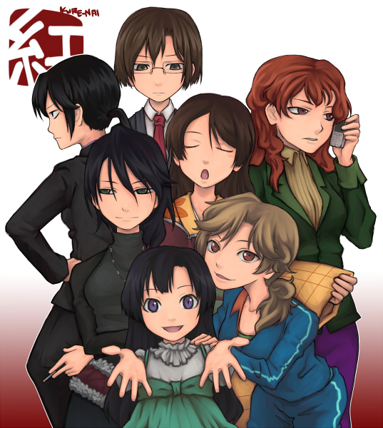 00s, 6+girls, black_hair, blonde_hair, cellphone, closed_eyes, copyright_name, dress