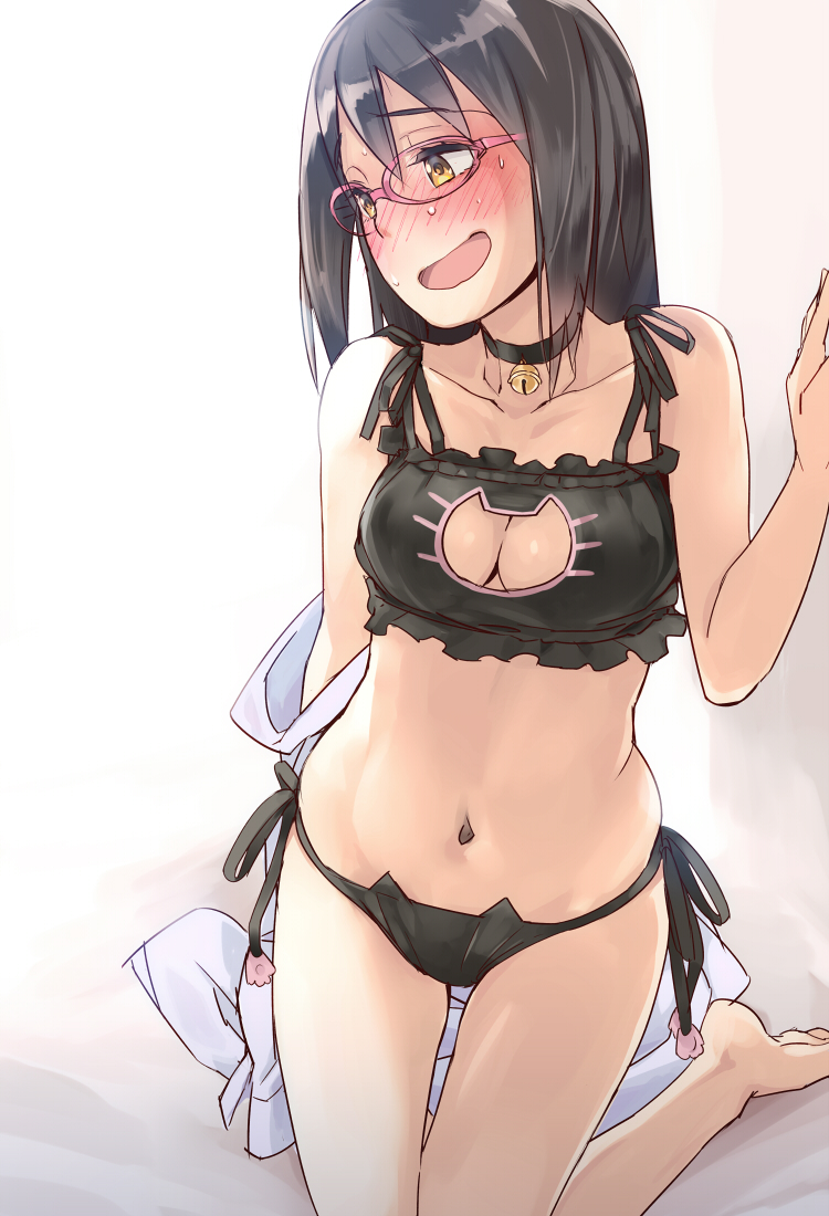 10s, 1girl, bell, black_bra, black_hair, black_panties, blush, bra