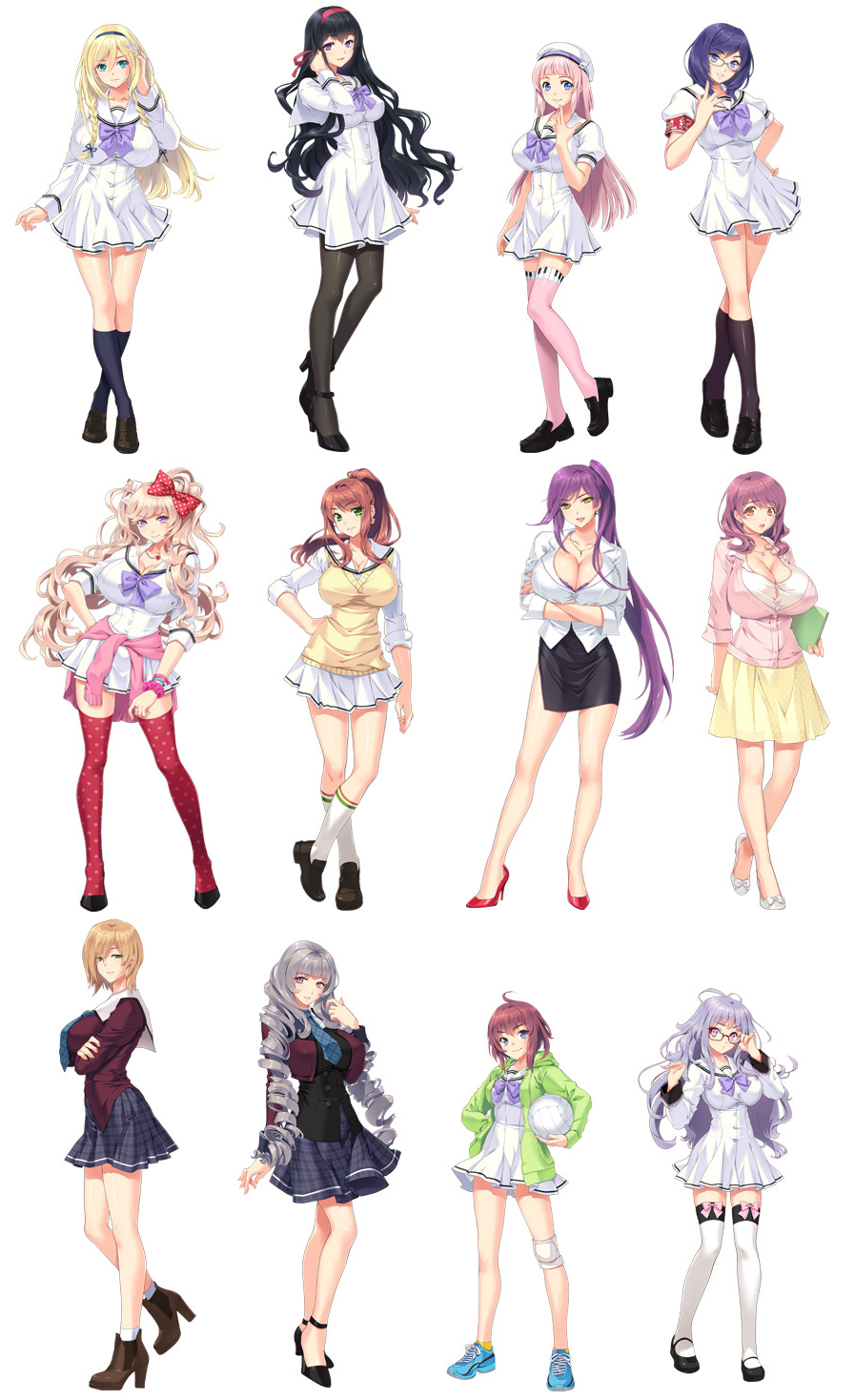 6+girls, black_hair, blazer, blonde_hair, blue_eyes, blue_hair, breasts, brown_hair, clothes_around_waist, doi_sayaka, glasses, green_eyes, gyaru, hair_ribbon, high_heels, highres, huge_breasts, inosaki_mako, jacket, large_breasts, long_hair, looking_at_viewer, miyamoto_tsubasa, mochizuki_nozomu, multiple_girls, nail_polish, necktie, office_lady, ogura_miki, ole-m, ootori_nanao, pencil_skirt, pink_eyes, pink_hair, purple_eyes, purple_hair, reika_mizuki, ribbon, saimin_class_wonderful, sakuragi_ruri, school_uniform, serafuku, shinomiya_emiru, shoes, short_hair, skirt, smile, socks, sumino_nadeshiko, sweater, sweater_around_waist, tachibana_yukino, teacher, teacher_and_student, thighhighs, twintails, watase_haruho, white_hair, yellow_eyes, yuzuki_kei_(saimin_class)