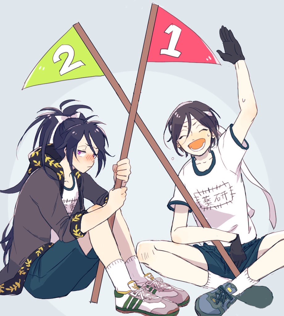 10s, 2boys, ^_^, black_gloves, black_hair, blush, closed_eyes, flag