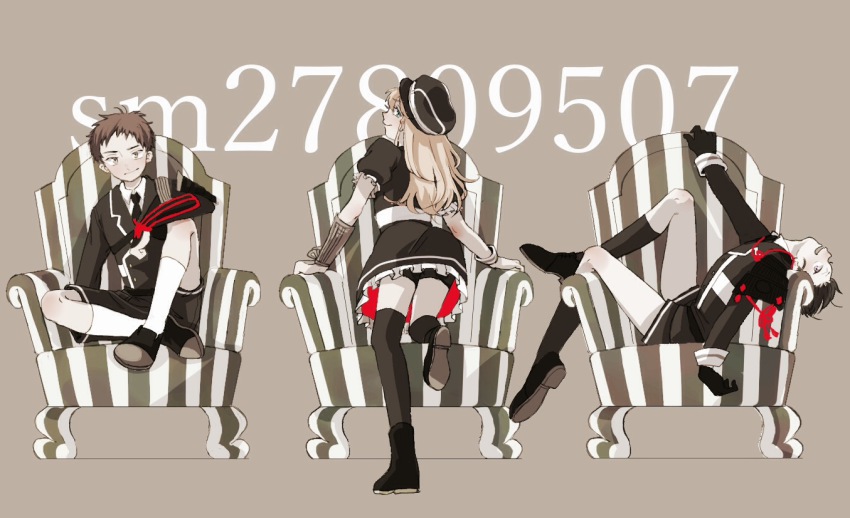 10s, 3boys, armchair, atsushi_toushirou, black_hair, black_socks, blonde_hair, blue_eyes