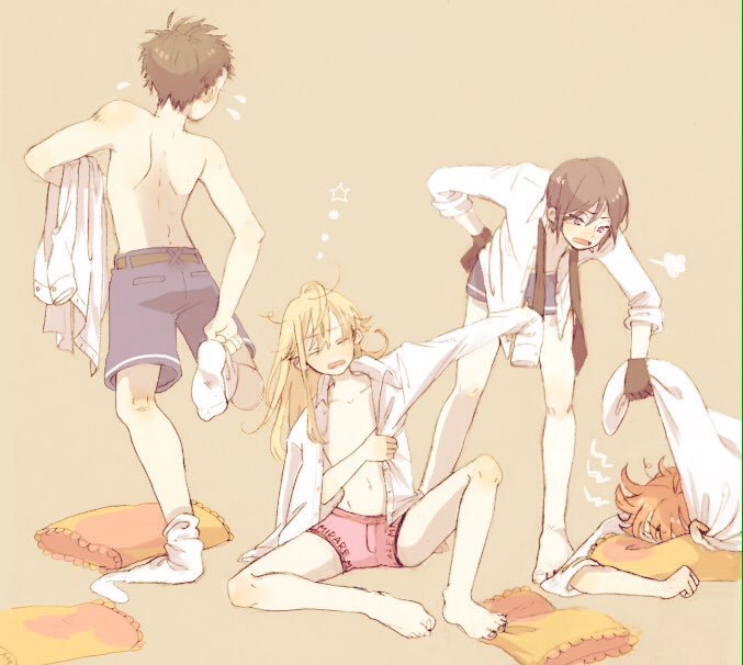 10s, 4boys, atsushi_toushirou, black_gloves, black_hair, blanket, blonde_hair, boxers, brown_hair, dressing, closed_eyes, flying_sweatdrops, gloves, gotou_toushirou, loose_necktie, male_focus, male_underwear, mame_(ballet2604), midare_toushirou, multiple_boys, necktie, open_clothes, open_mouth, open_shirt, pillow, purple_eyes, shirt, topless_male, shorts, sitting, sleepy, socks, touken_ranbu, underwear, yagen_toushirou