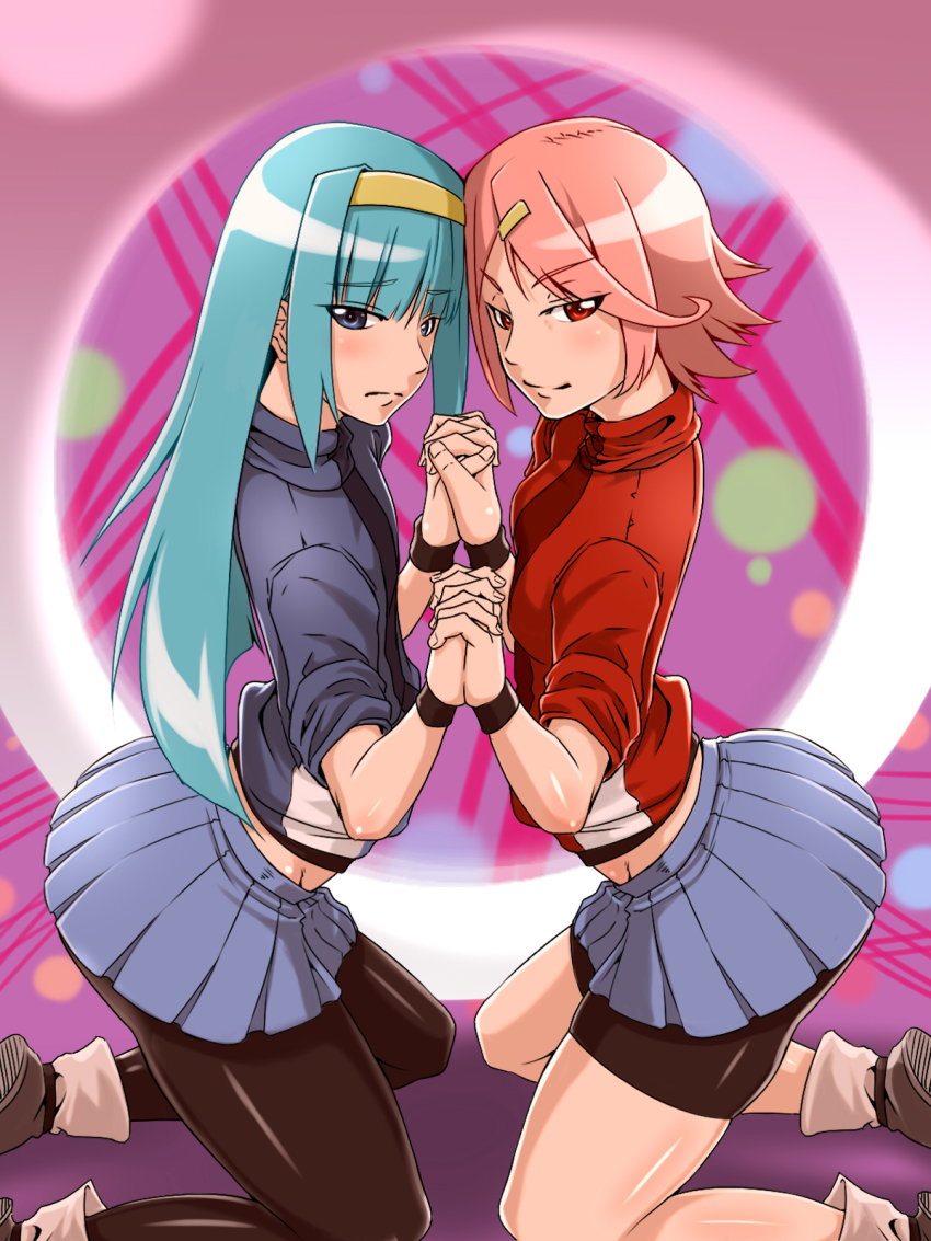 2girls, aqua_hair, bike_shorts, black_legwear, blue_eyes, blue_hair, blue_skirt, blush, breasts, flat_chest, forehead-to-forehead, hair_ornament, hairband, hairclip, holding_hands, heads_together, highres, hina_(yatagarasu), interlocked_fingers, jacket, kneeling, long_hair, looking_at_viewer, midriff, miniskirt, multiple_girls, pantyhose, pink_eyes, pink_hair, pleated_skirt, red_eyes, shimo_(yatagarasu), shoes, short_hair, shorts, shorts_under_skirt, siblings, sisters, skirt, small_breasts, smile, sneakers, socks, thighhighs, track_jacket, turtleneck, urujika, yatagarasu_(game)
