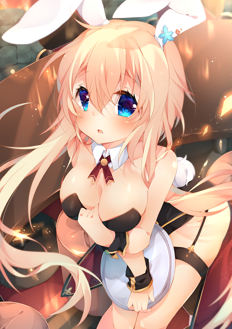 1girl, animal_ears, bad_id, bad_pixiv_id, blonde_hair, blue_eyes, breasts, cleavage