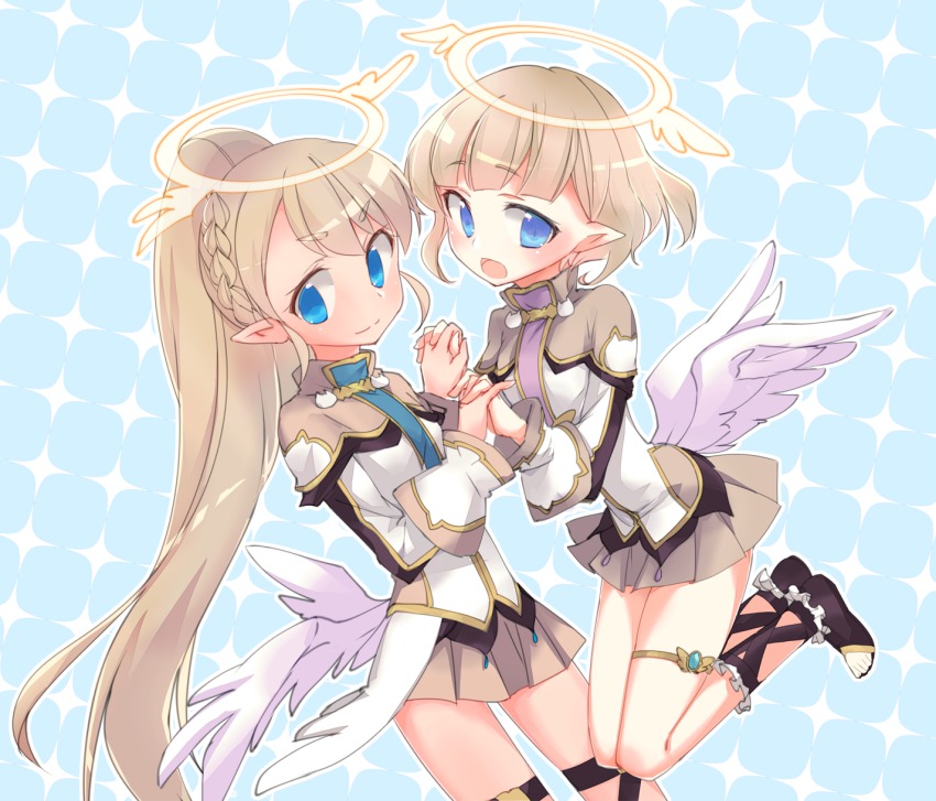 2girls, angel, angel_wings, blonde_hair, blue_eyes, blush, braid, french_braid