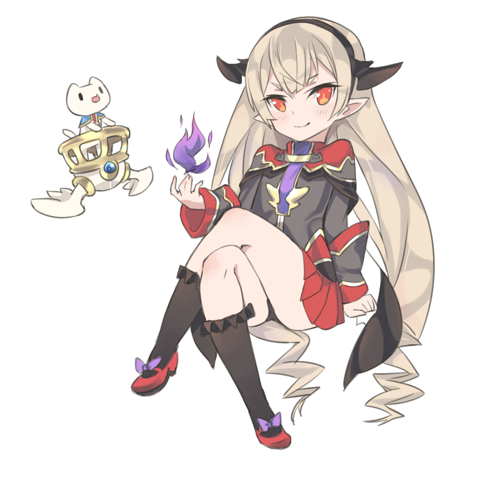 1girl, black_socks, blonde_hair, camilla_regina, cat, crossed_legs, full_body, head_wings